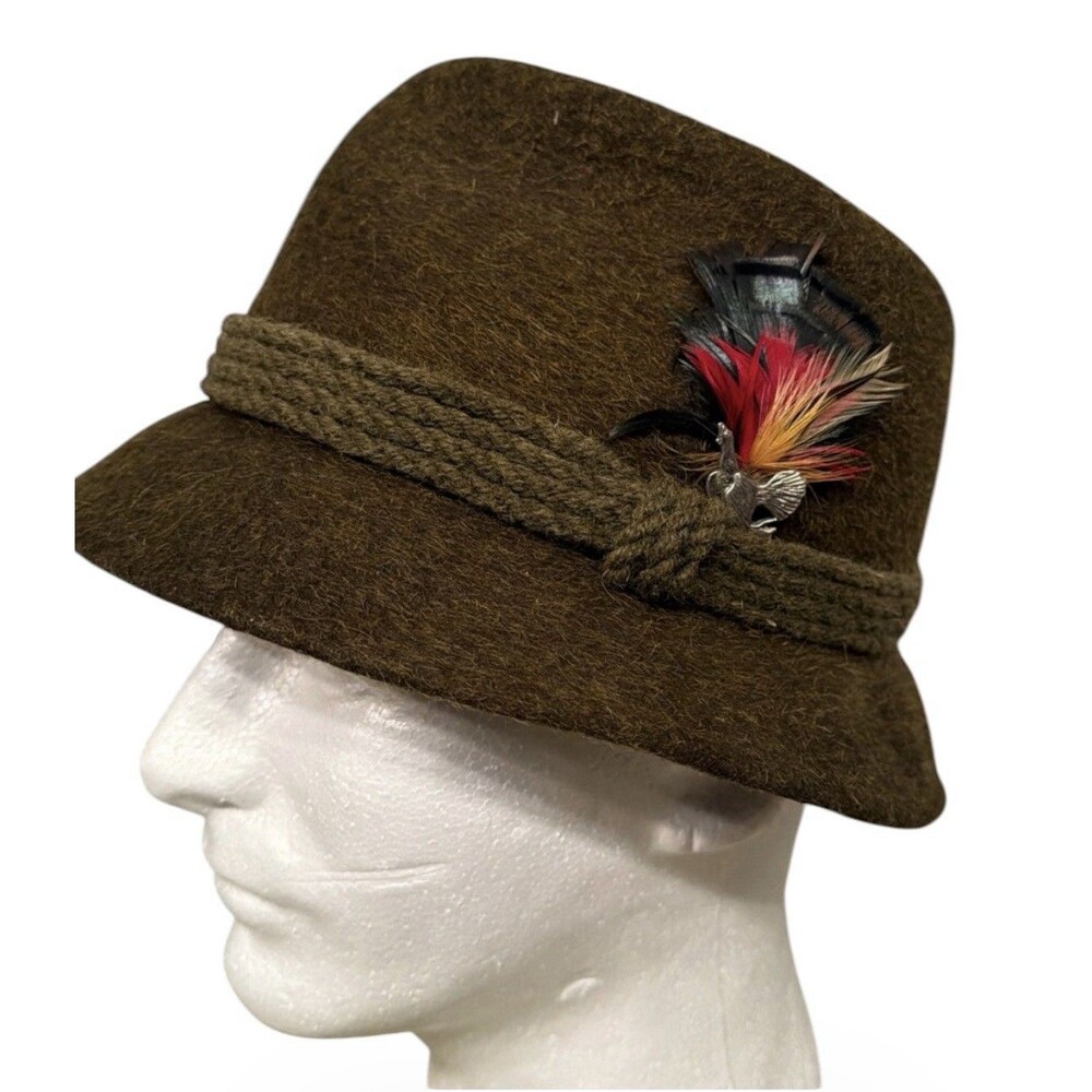 Vintage Stetson Alpin H German Bavarian Wool Hat Feather Brown Olive Size 6 7/8